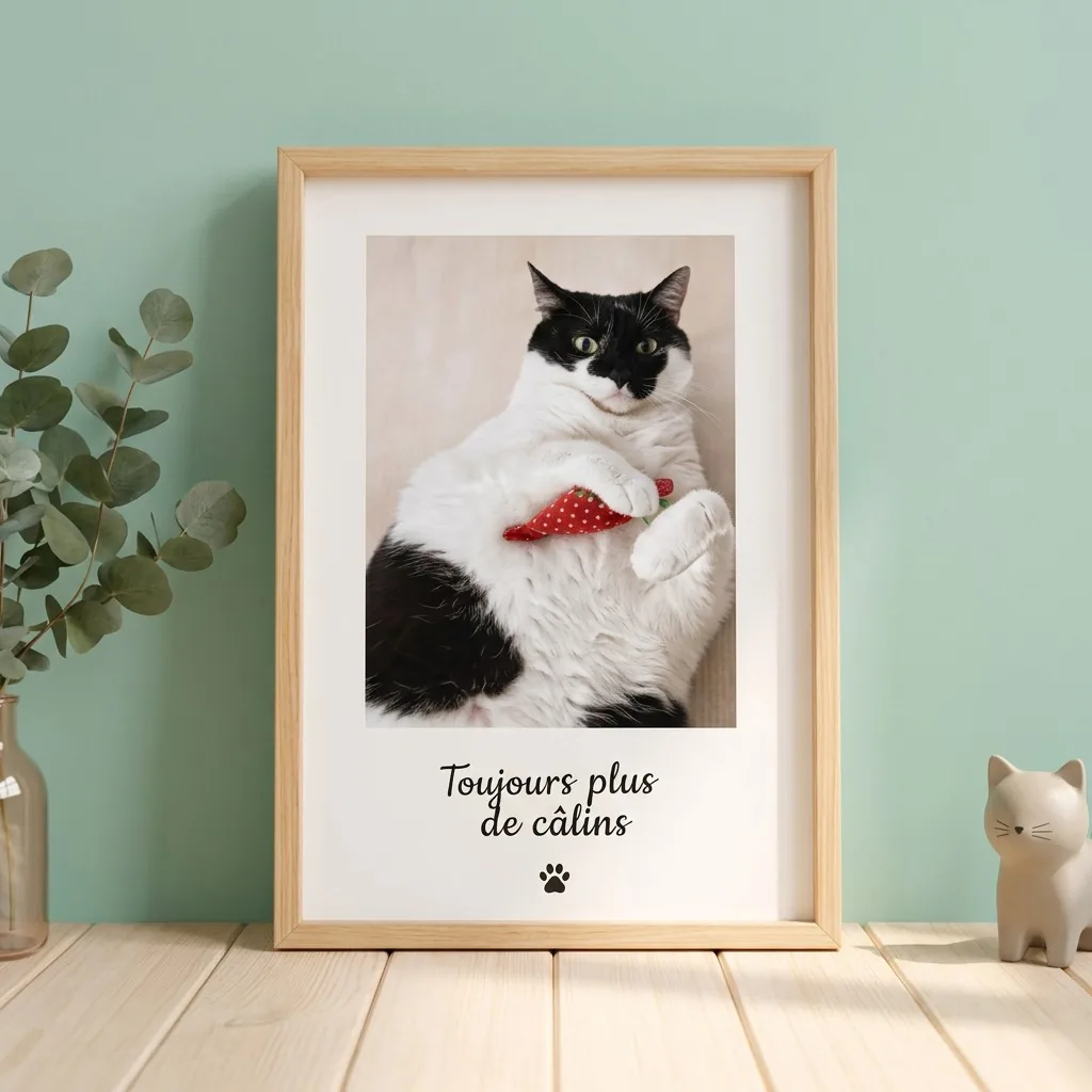 Affiche encadrée d’un chat noir et blanc avec la légende « Toujours plus de câlins »