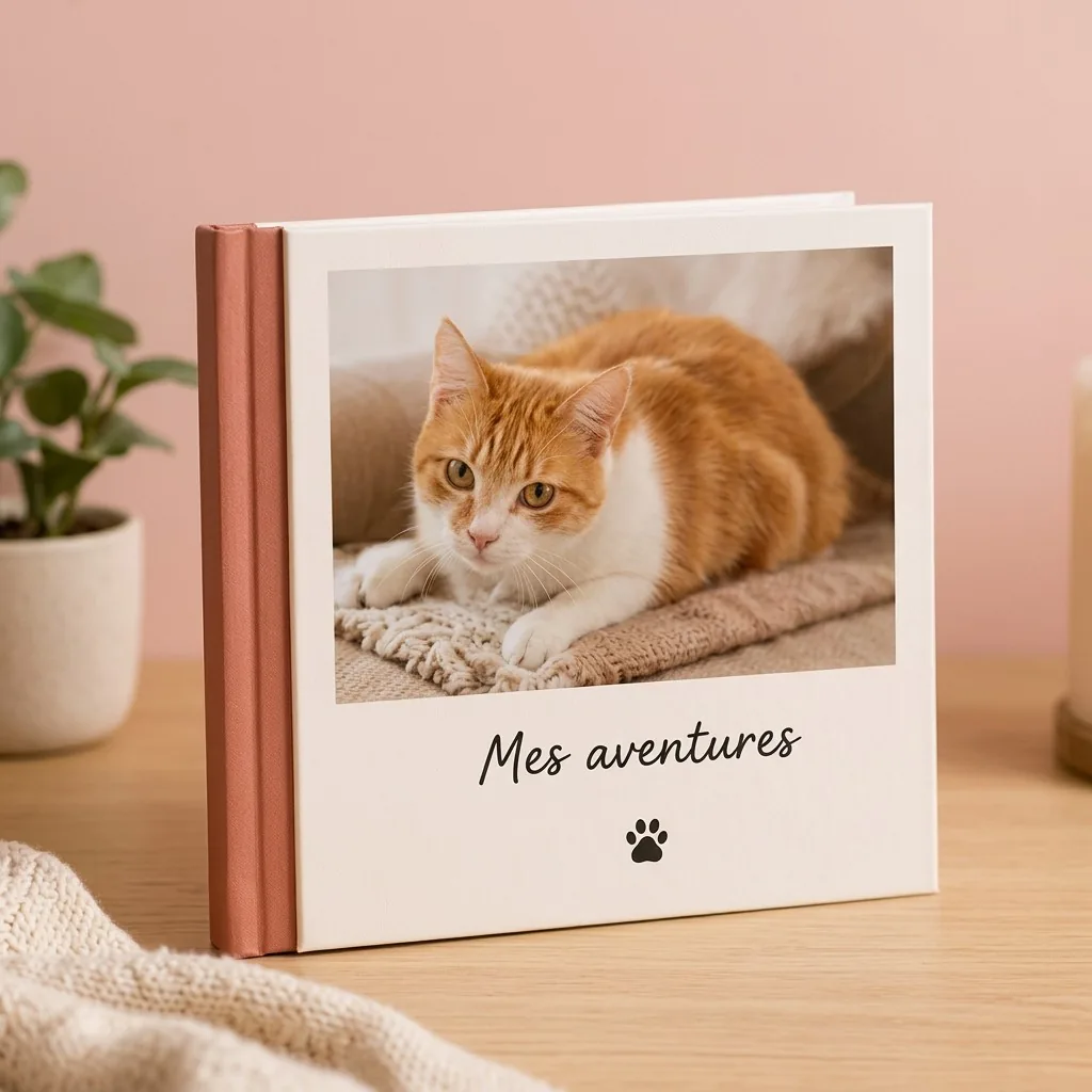 Album photo relié, couverture « Mes aventures » avec le portrait d’un chat roux