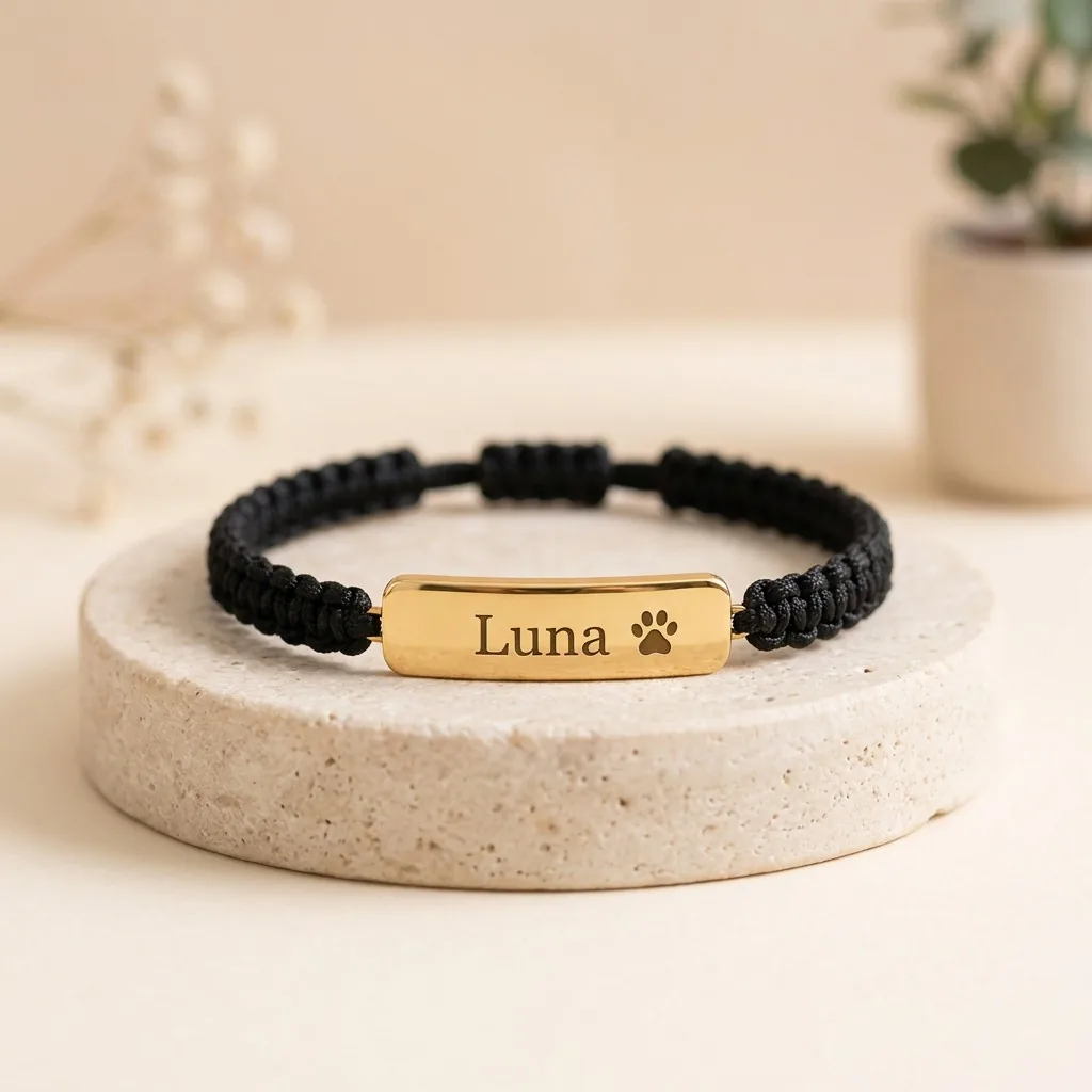 Bracelet noir tressé avec une plaque dorée gravée « Luna »