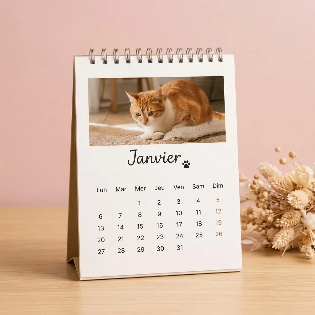 Calendrier de bureau à spirale, mois de janvier, avec la photo d’un chat roux