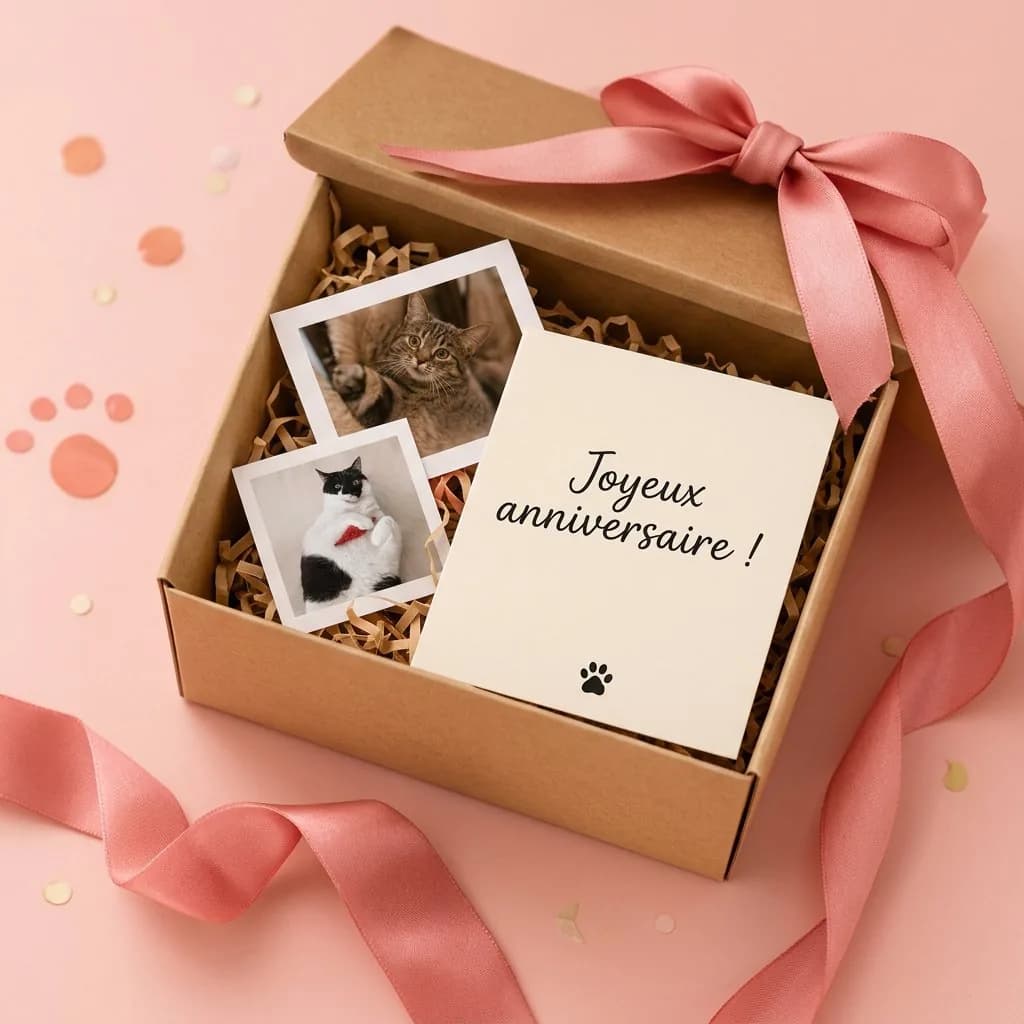 Coffret cadeau en carton avec un ruban rose et une carte « Joyeux anniversaire ! »