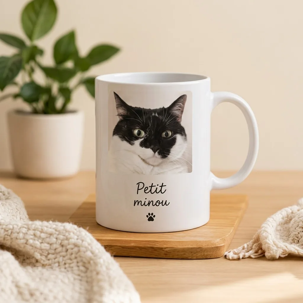 Mug blanc avec le portrait d’un chat noir et blanc et la légende « Petit minou »