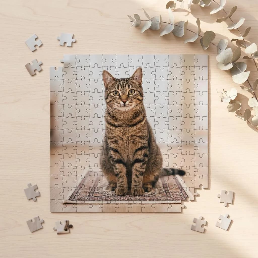 Puzzle du portrait d’un chat tigré, quelques pièces détachées autour