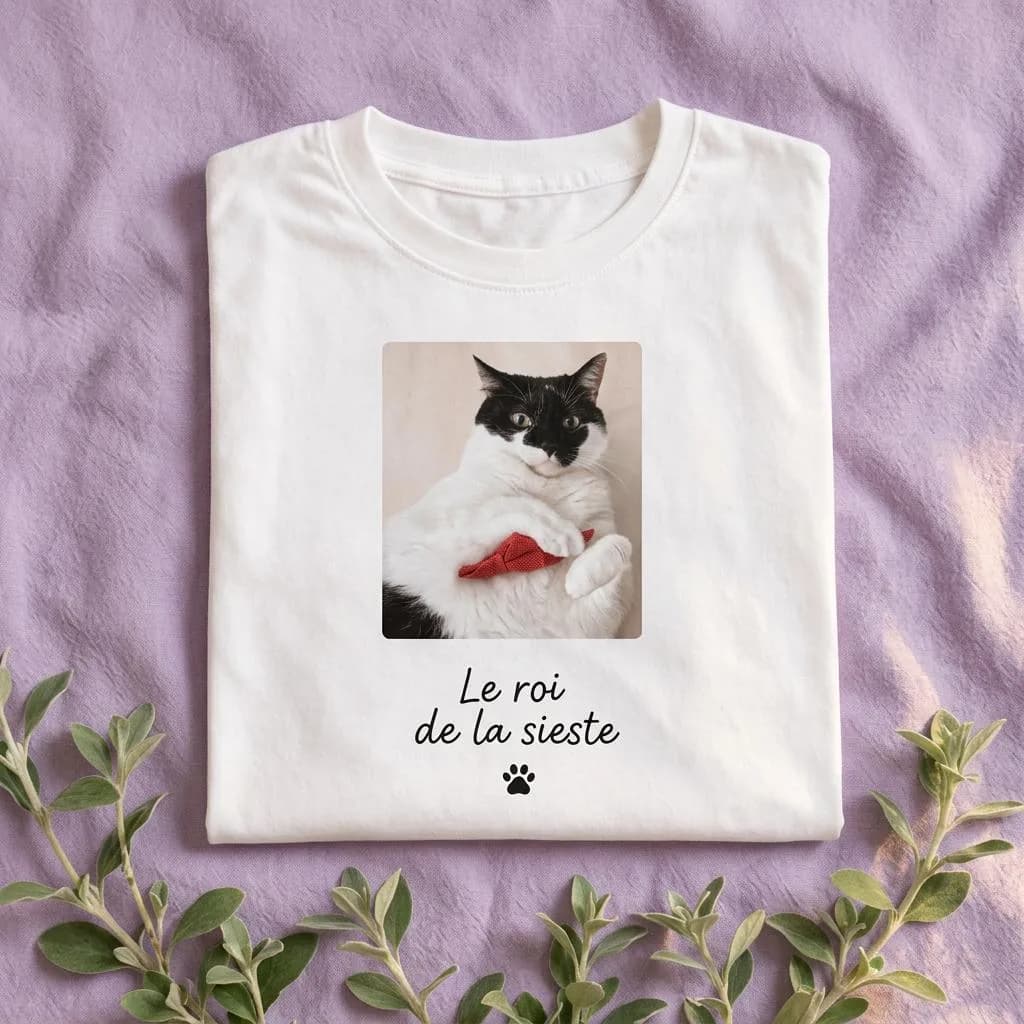 T-shirt blanc plié avec le portrait d’un chat noir et blanc et la légende « Le roi de la sieste »