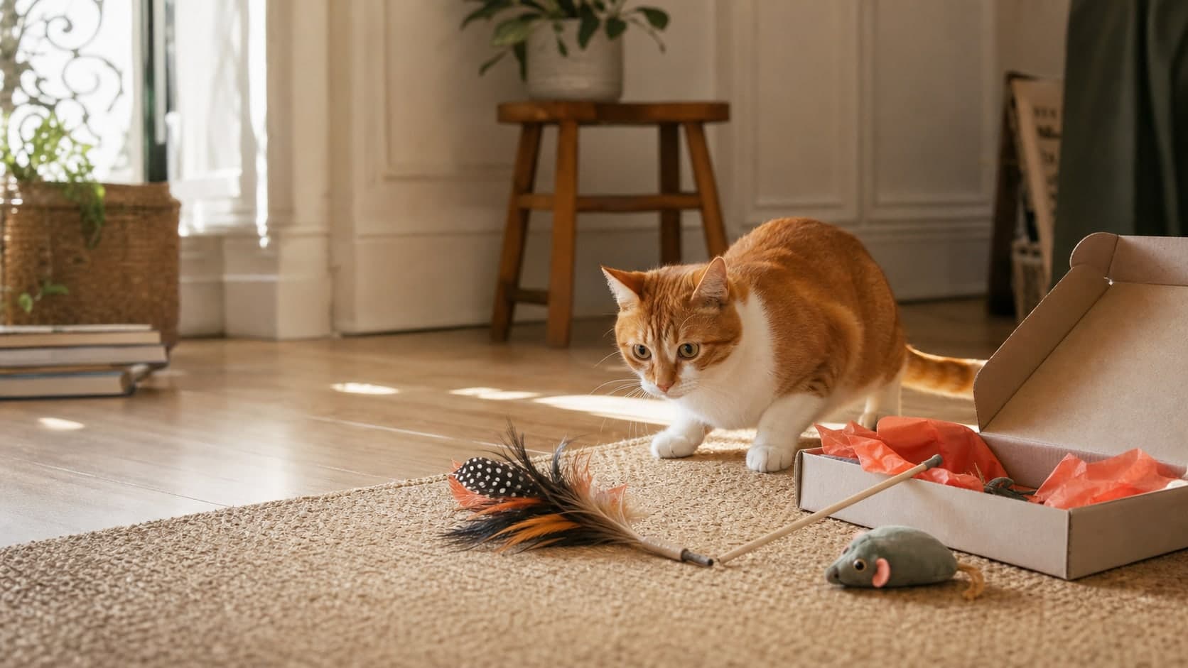 Un chat roux découvre des jouets dans une box ouverte