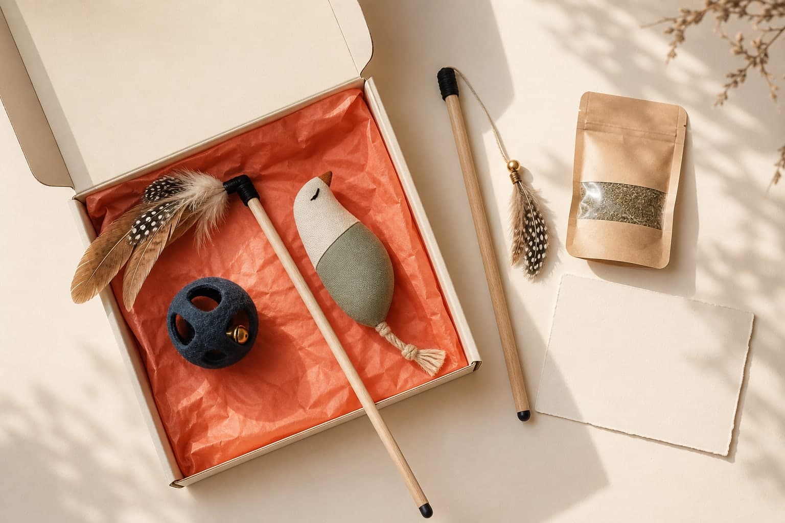 Exemple de box avec une canne à plumes, une souris, une balle et de la cataire